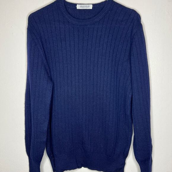 Mansouri Wool Blend Sweater Large Men Navy Blue Rib Knit Crewneck Designer Italy - Picture 2 of 9